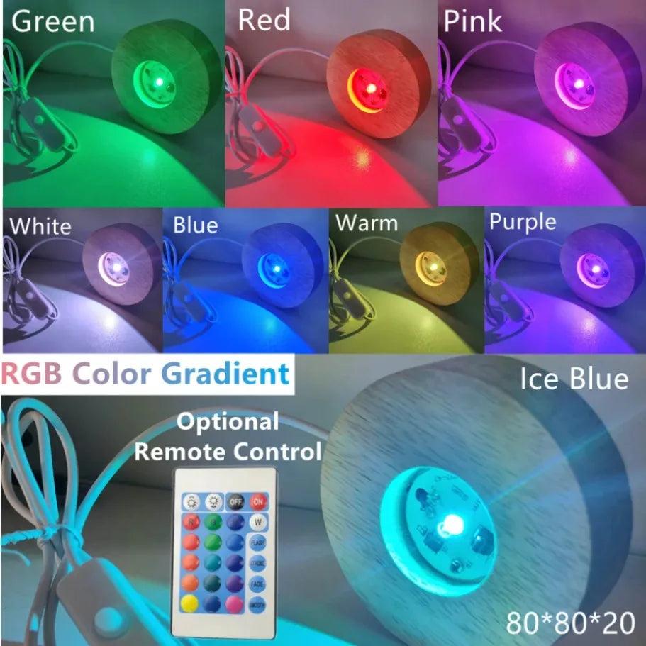 Wooden LED crystal display light base illuminating a clear crystal sphere in various RGB colors, with remote control.
