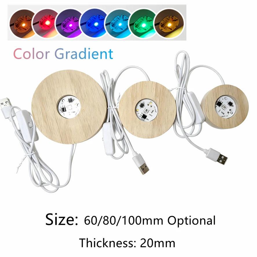 Three round wooden LED light bases with USB cables, showing various color modes and sizes.