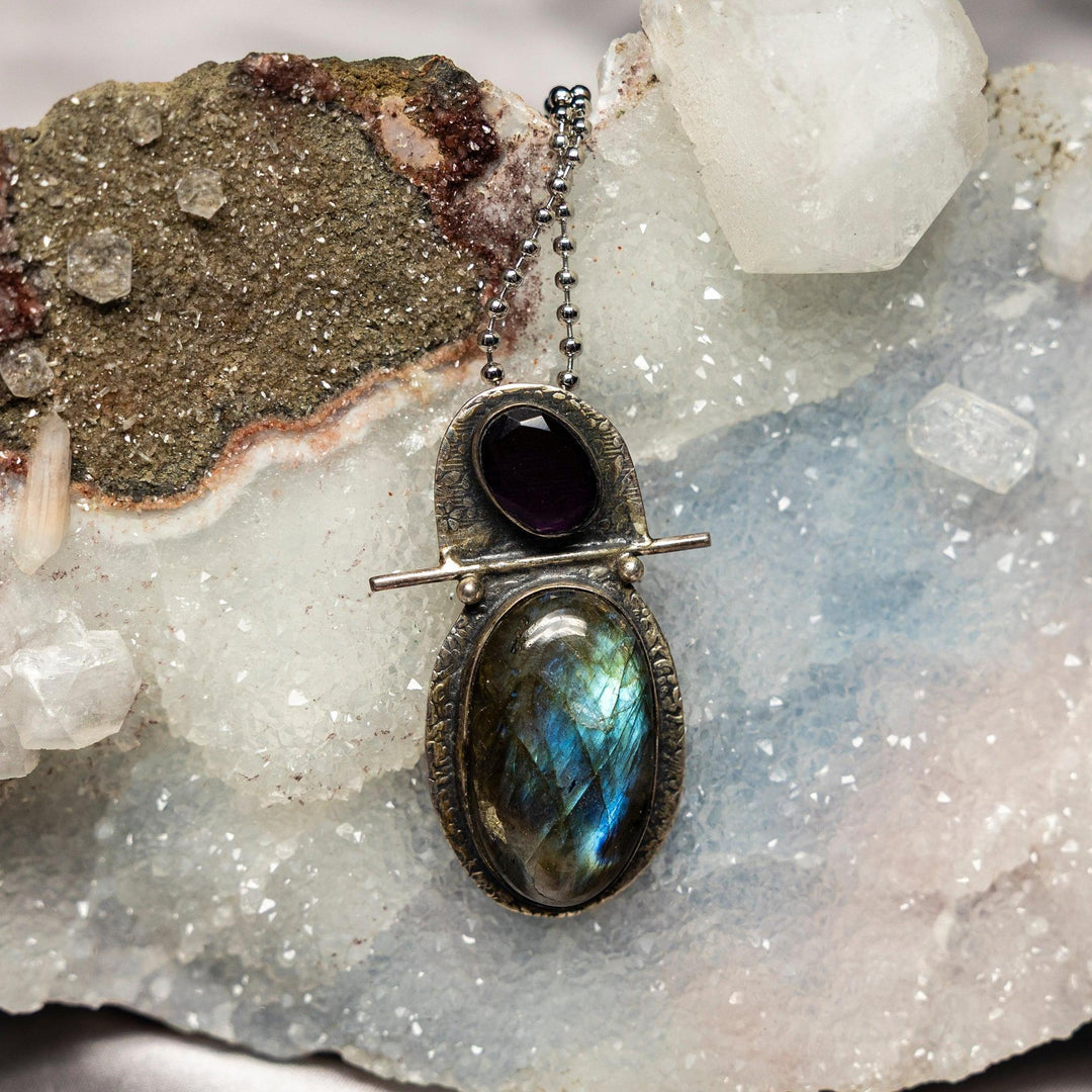 Labradorite 925 Sterling Silver Pendant 2.25 Inch Magic with strong labradorescent flash and amethyst accent.