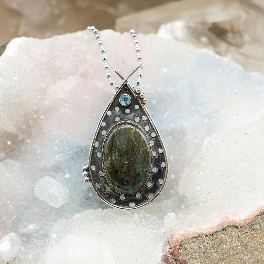 Labradorite 925 Sterling Silver Pendant 2.25" with mesmerizing labradorescence and blue accent stone.