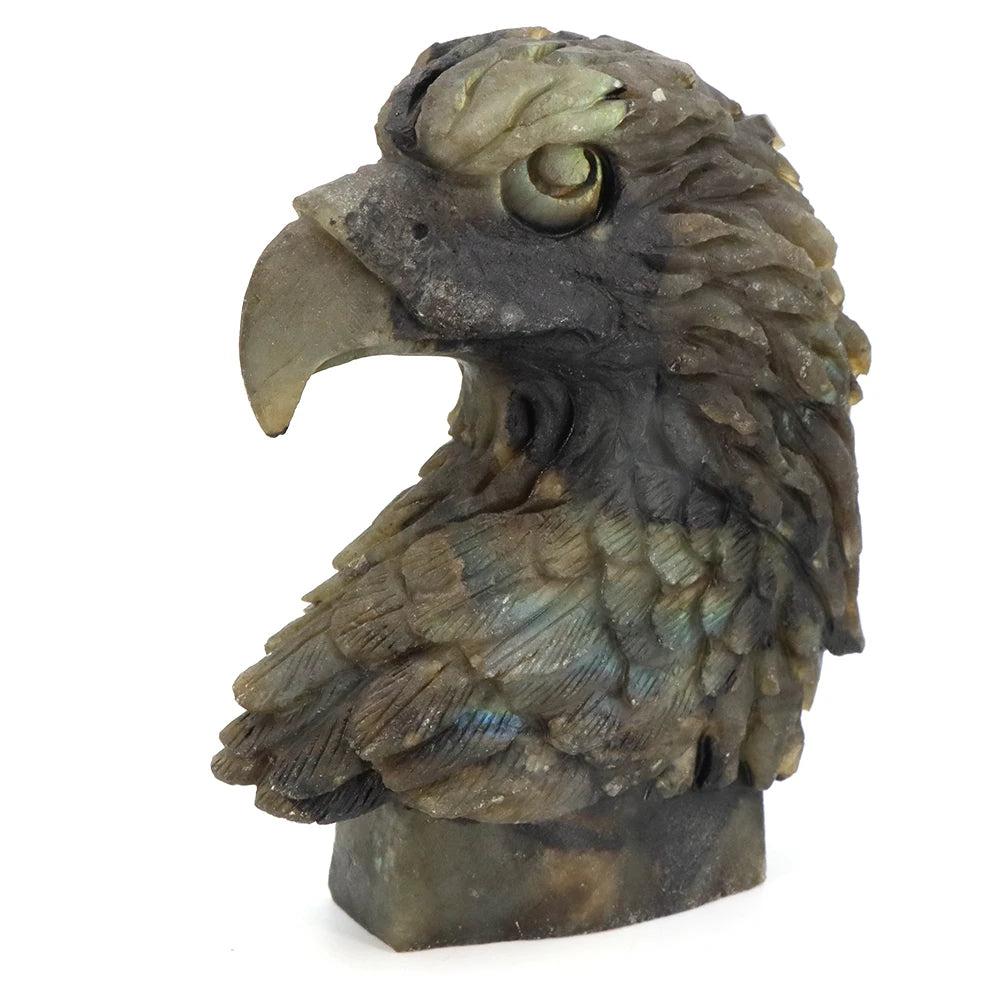 Hand-carved labradorite American Eagle head sculpture with shifting blue-green flash, symbolizing vision and freedom.