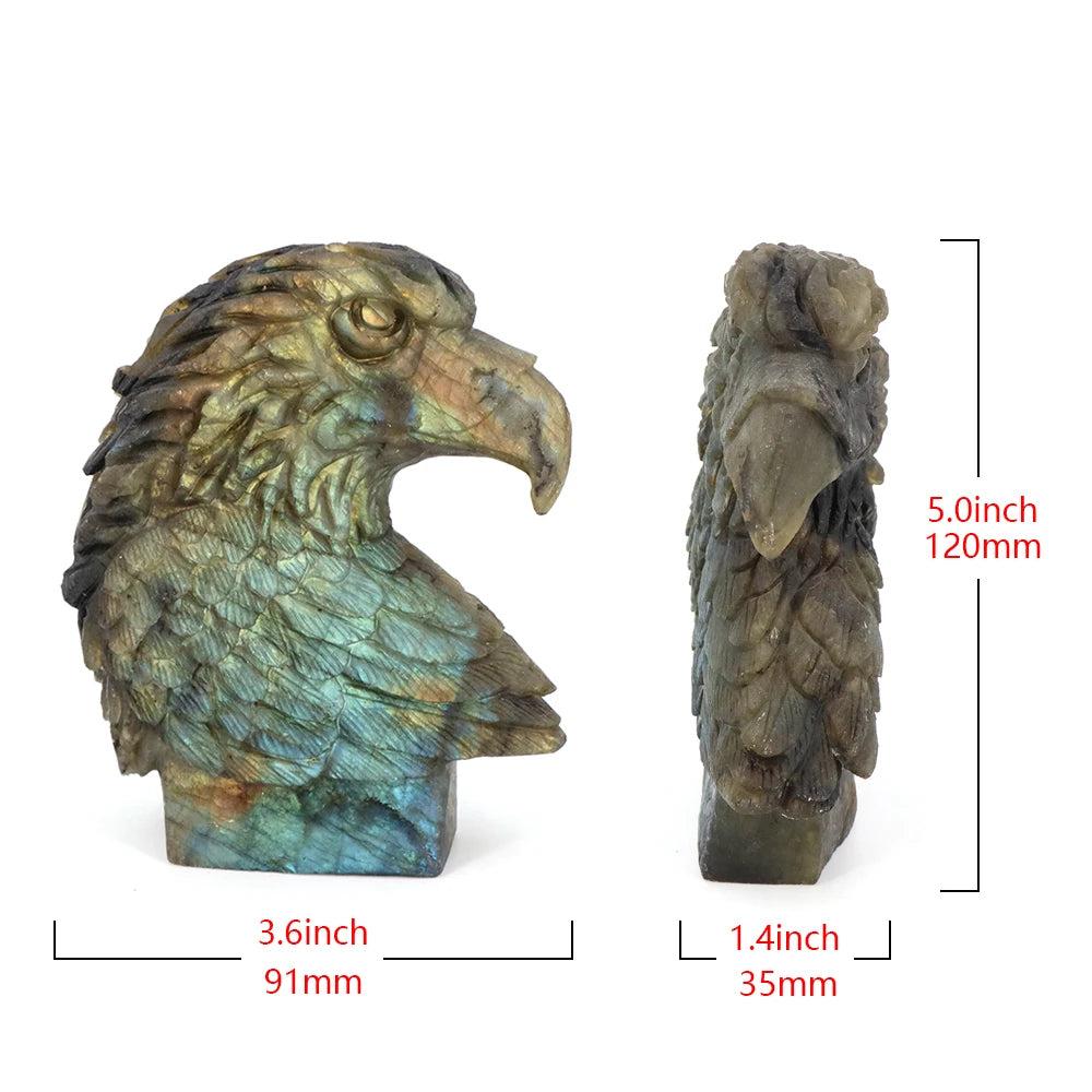 Hand-carved Labradorite American Eagle Head Statue, showcasing shifting blue-green flash and powerful symbolism.