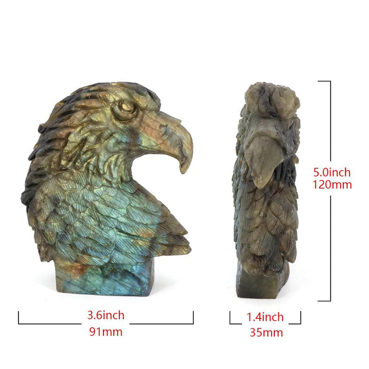 Hand-carved Labradorite American Eagle Head Statue, showcasing shifting blue-green flash and powerful symbolism.