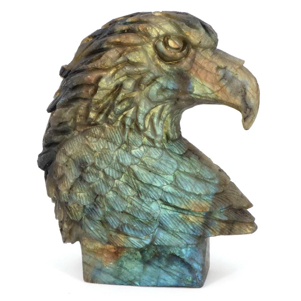 Hand-carved Labradorite American Eagle Head Statue Sculpture, showcasing shifting blue-green flash for vision and freedom.