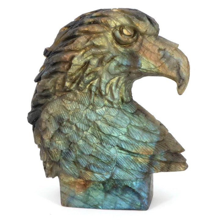 Hand-carved Labradorite American Eagle Head Statue Sculpture, showcasing shifting blue-green flash for vision and freedom.