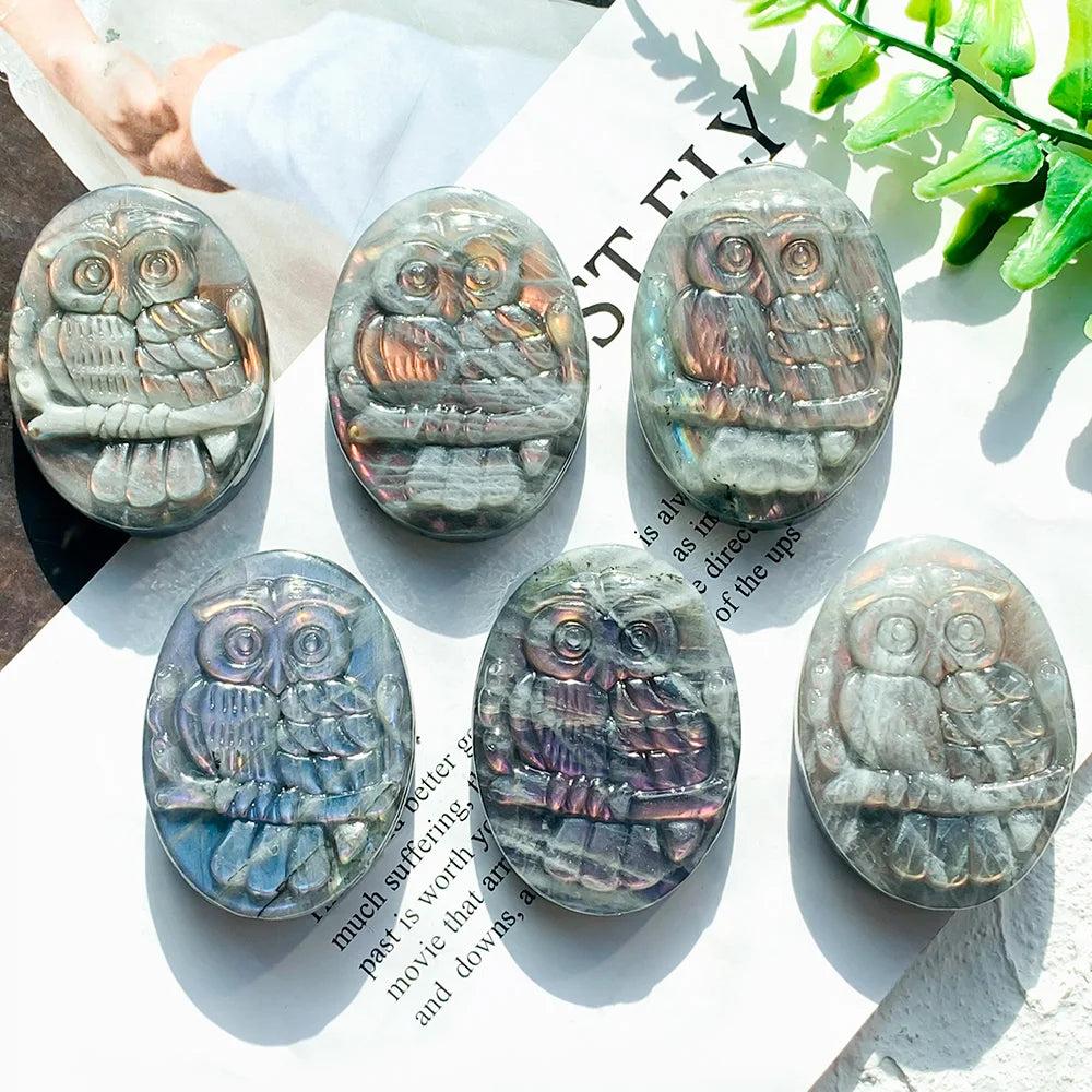 Handcrafted natural Labradorite owl carving featuring a stunning purple flash and unique, protective bohemian crystal energy.