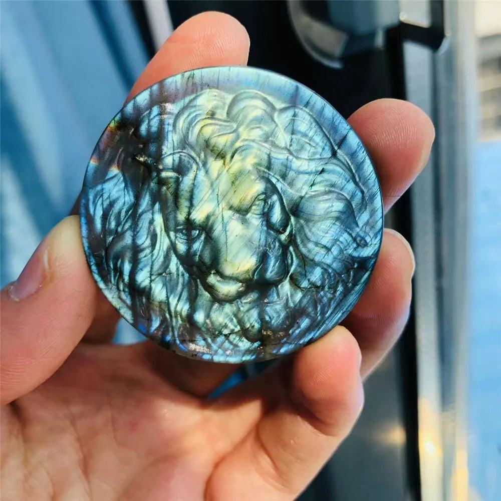 Labradorite Crystal Carved Polished Lion Head Carving, showcasing iridescent blues, greens, and golds.