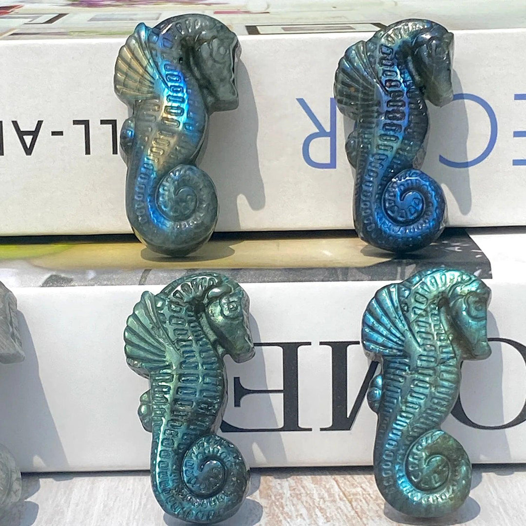 Handcrafted Labradorite seahorse crystal carving with iridescent blue flashes, perfect for mystical home decor and healing.