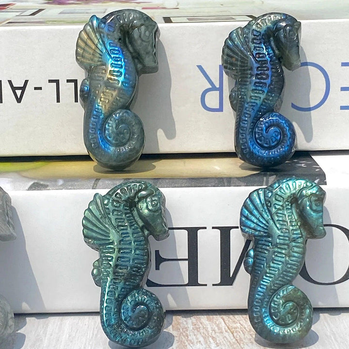 Handcrafted Labradorite seahorse crystal carving with iridescent blue flashes, perfect for mystical home decor and healing.