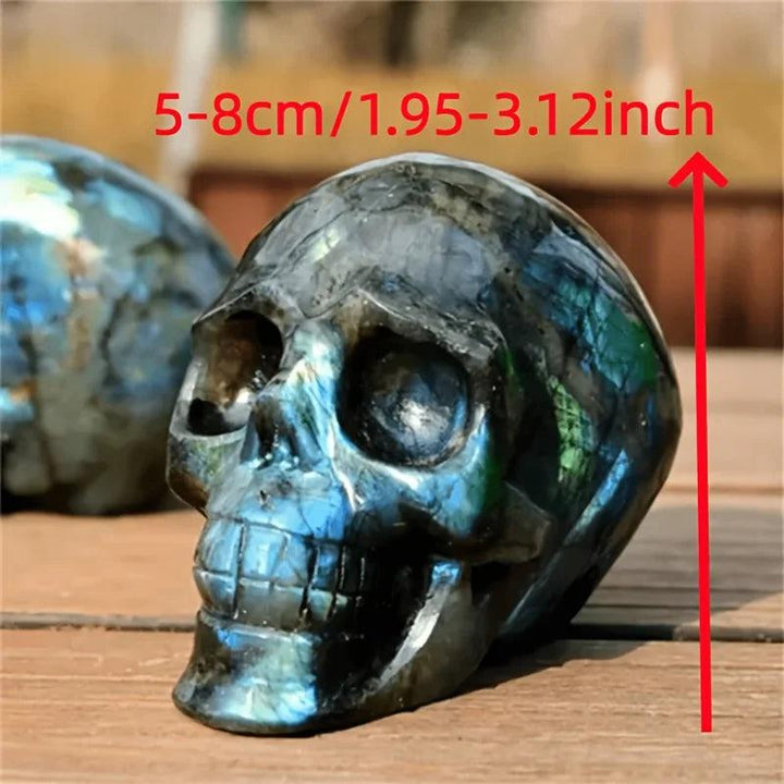 Labradorite Crystal Carved Skull with blue and green flash for intuition and magic.