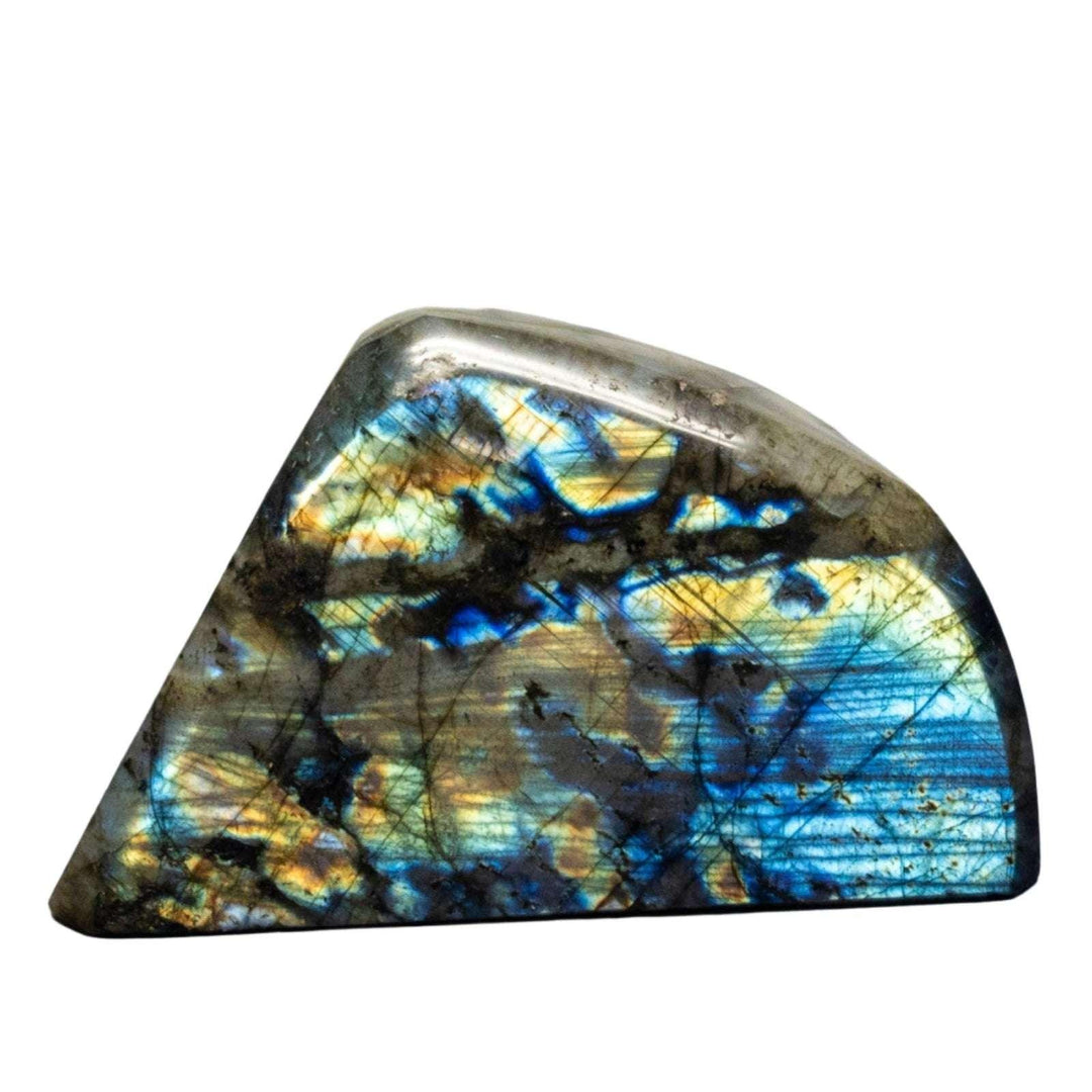 Labradorite Freeform #1: unique freeform crystal with shifting midnight blue, electric teal, and gold labradorescence.