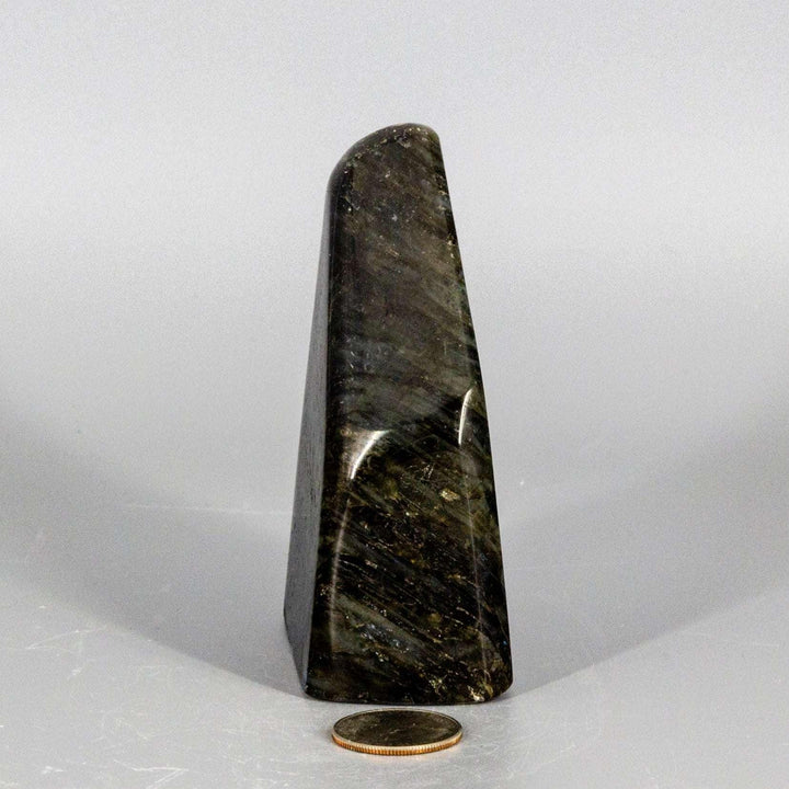 Flashy shimmering Labradorite Freeform Crystal, a substantial dark gray gemstone with electric blue and green flashes.