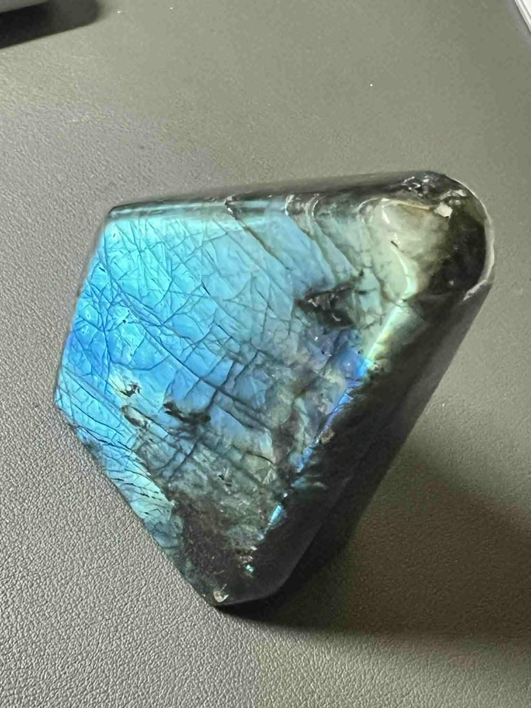 Flashy Labradorite Freeform Crystal with shimmering electric blue and teal labradorescence.