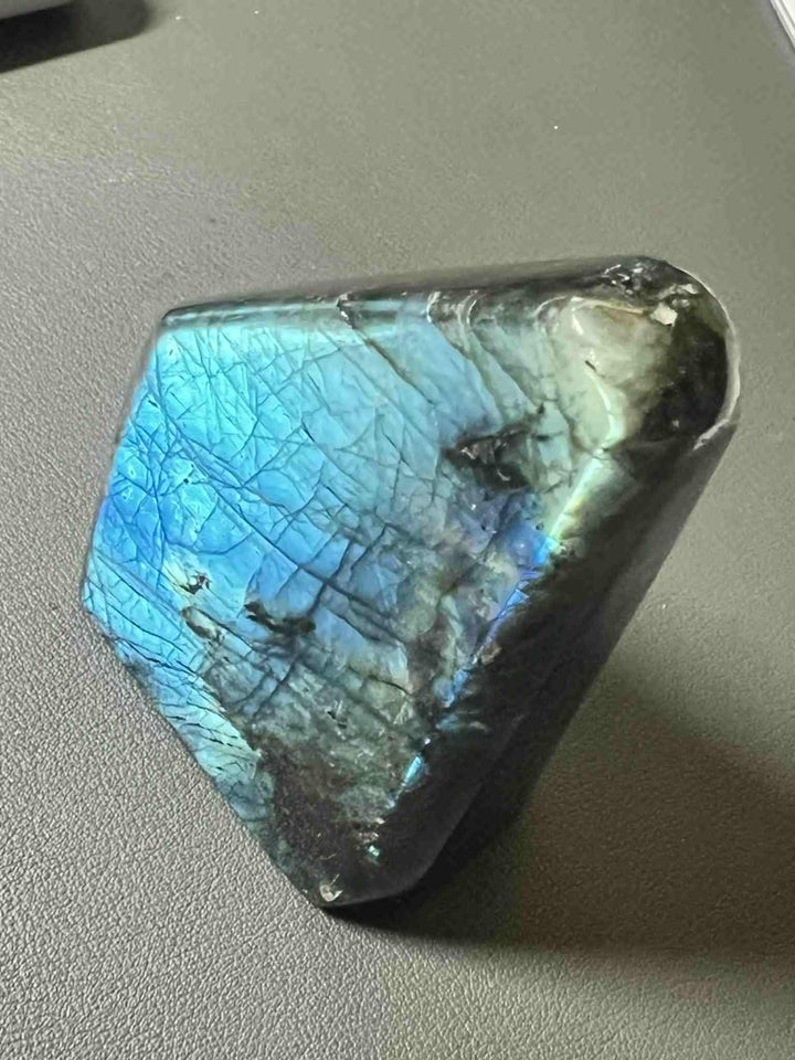 Flashy Labradorite Freeform Crystal with shimmering electric blue and teal labradorescence.