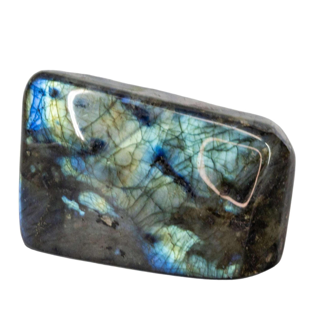 Labradorite Freeform with iridescent blue, green, and gold flash, showcasing its natural beauty and authentic energy.