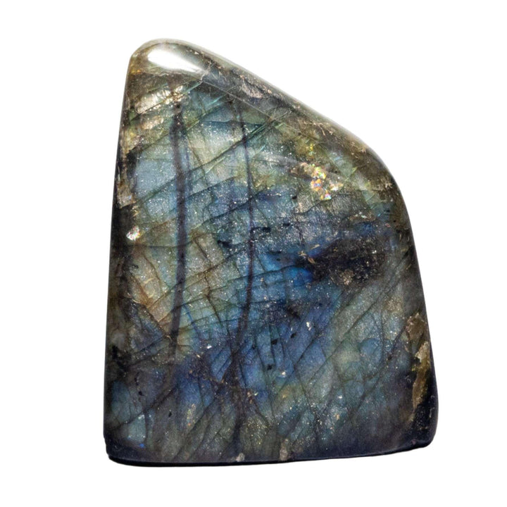Iridescent Labradorite Freeform crystal specimen with blue, green, and gold flashes, showcasing its natural contours.