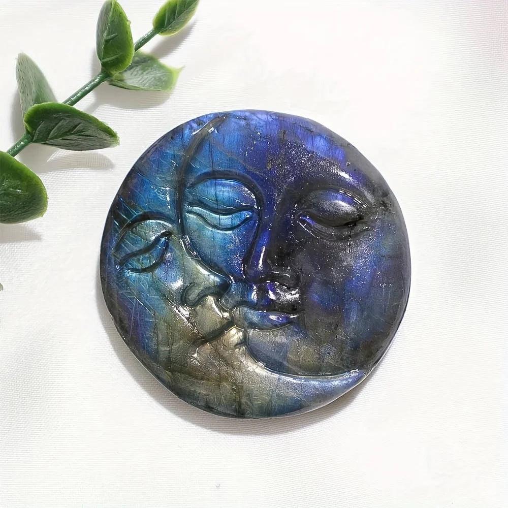 Shimmering labradorite crystal moon and sun carving, radiating intuition and clarity with iridescent blues and golds.