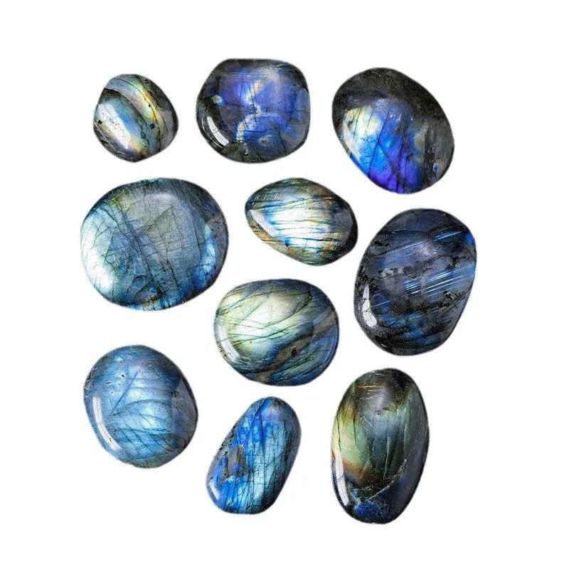 Polished Labradorite Plaything stones with vibrant blue and gold flashes for healing energy.