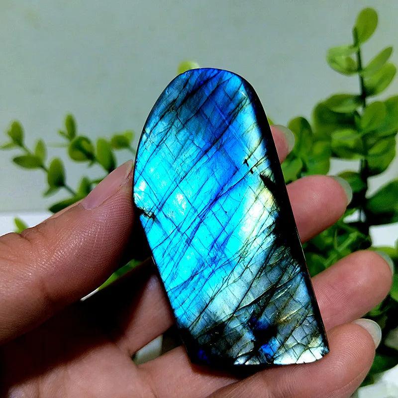 Polished Labradorite crystal freeform with vibrant blue labradorescence for intuition, protection, and transformation.
