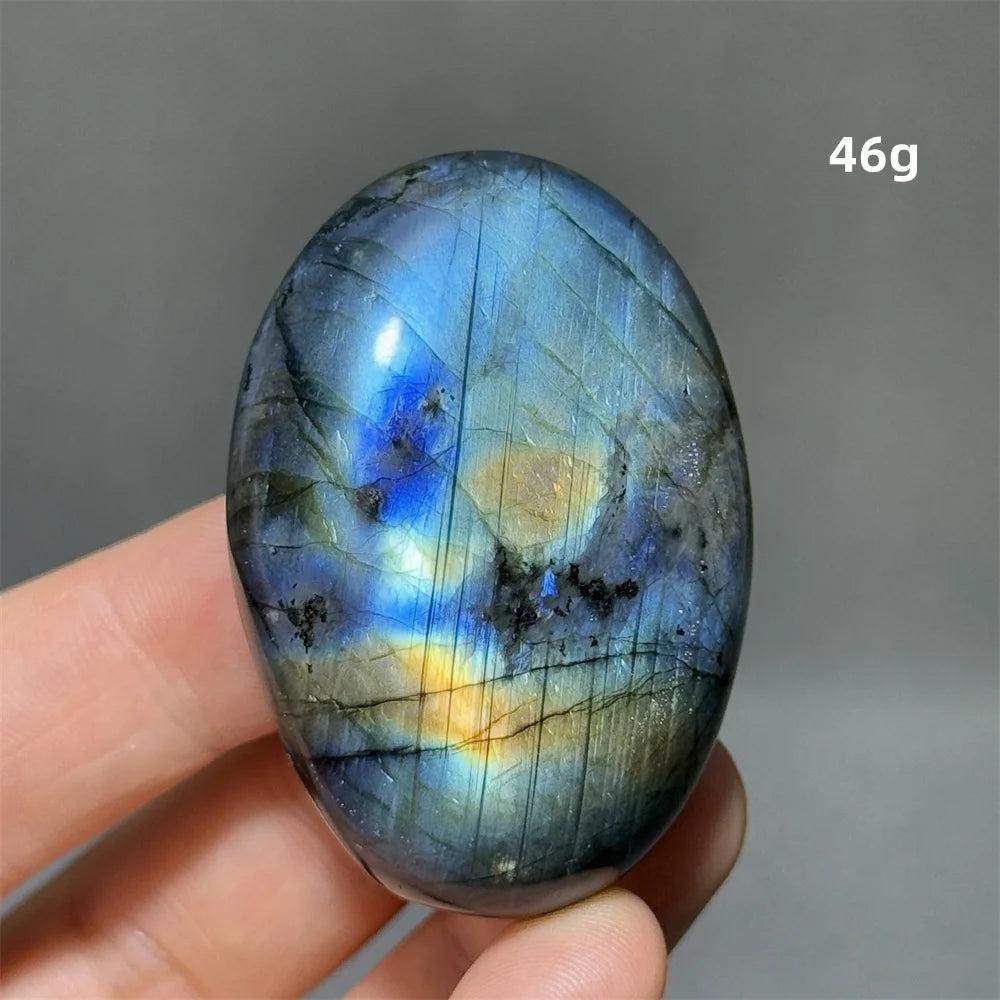 Labradorite Crystal Polished Palm Stone, 46g, with vivid blue, gold, and green labradorescence.