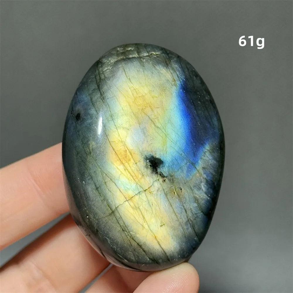 Polished Labradorite Crystal Palm Stone, 61g, with vivid blue, gold, and green labradorescence for transformation.