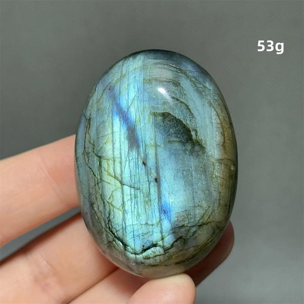 Labradorite Crystal Polished Palm Stone, smooth oval with vivid blue, gold, and green labradorescence for healing.