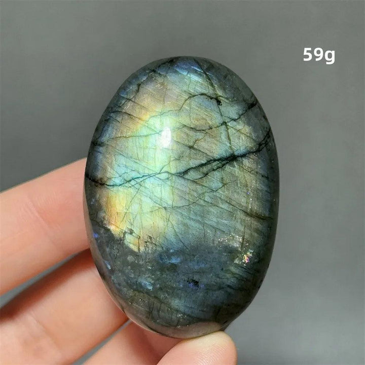 Polished Labradorite Crystal Palm Stone, 59g, with vivid blue, gold, and green labradorescence for healing.