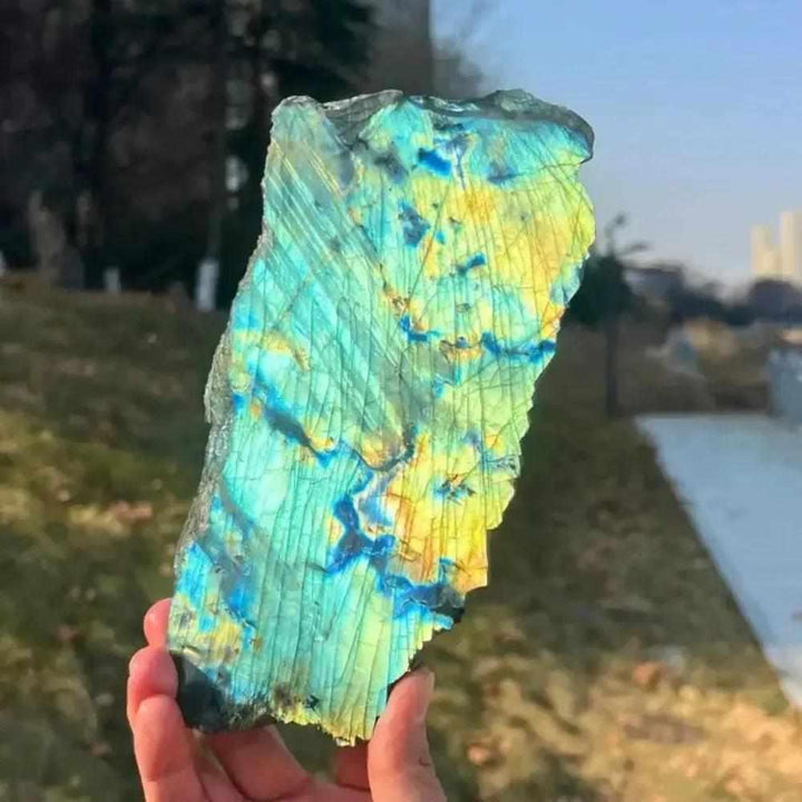 Natural Labradorite crystal rough slice featuring vibrant blue and gold flash for Third Eye and Throat Chakra healing.