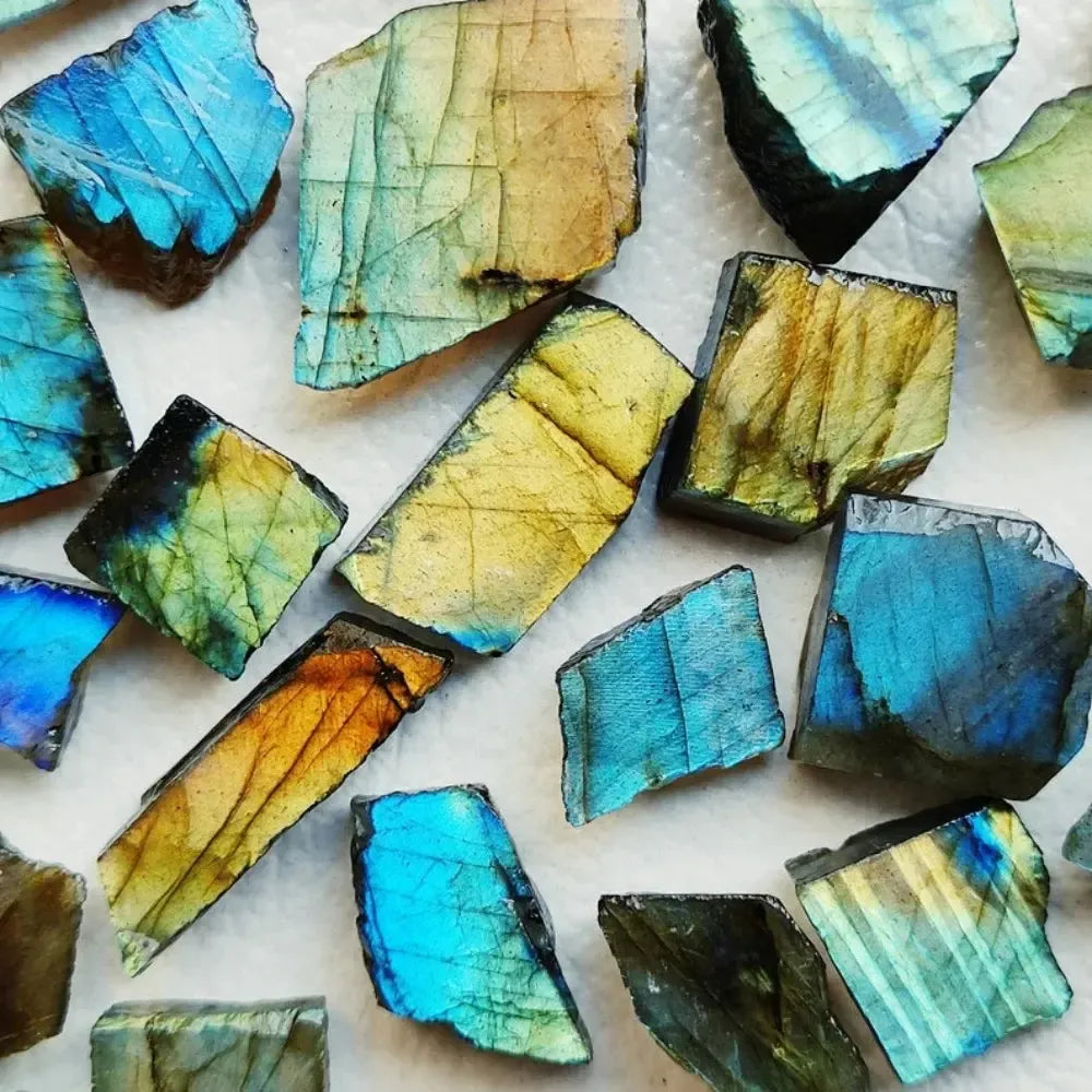 Natural rough Labradorite crystal slices featuring vibrant blue, green, and gold flashes for intuition and energy work.