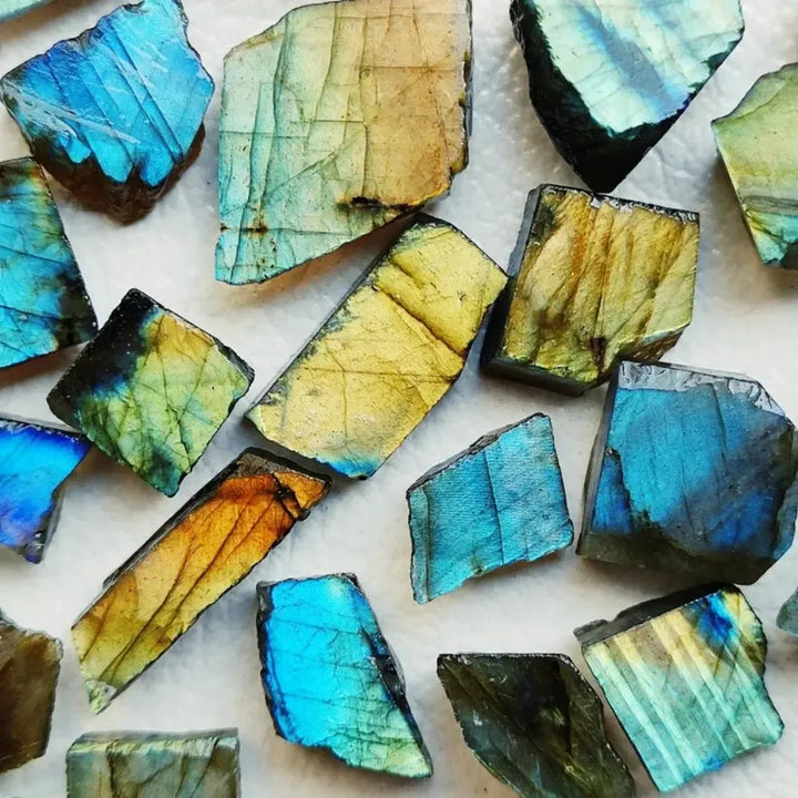 Natural rough Labradorite crystal slices featuring vibrant blue, green, and gold flashes for intuition and energy work.