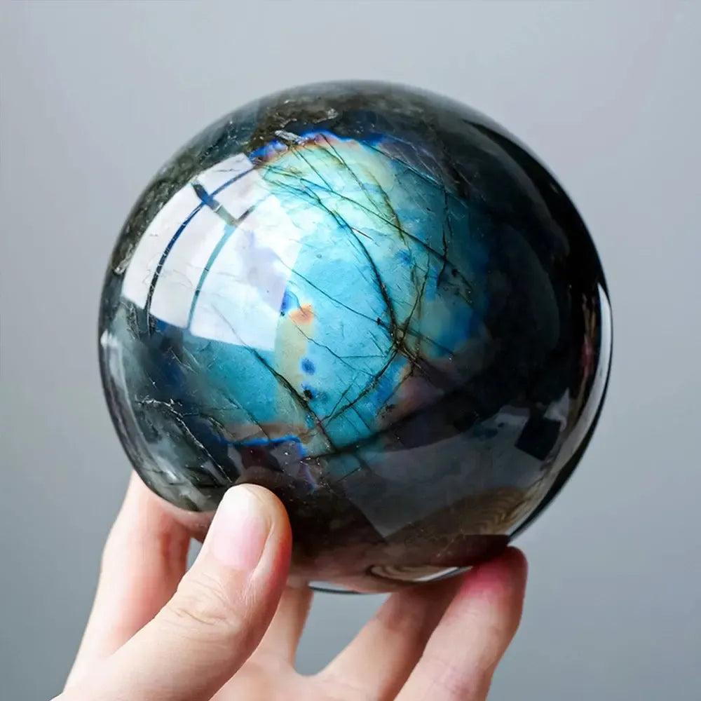 Polished Labradorite Crystal Sphere from Crystal Destiny, showcasing mesmerizing blue and green labradorescence.