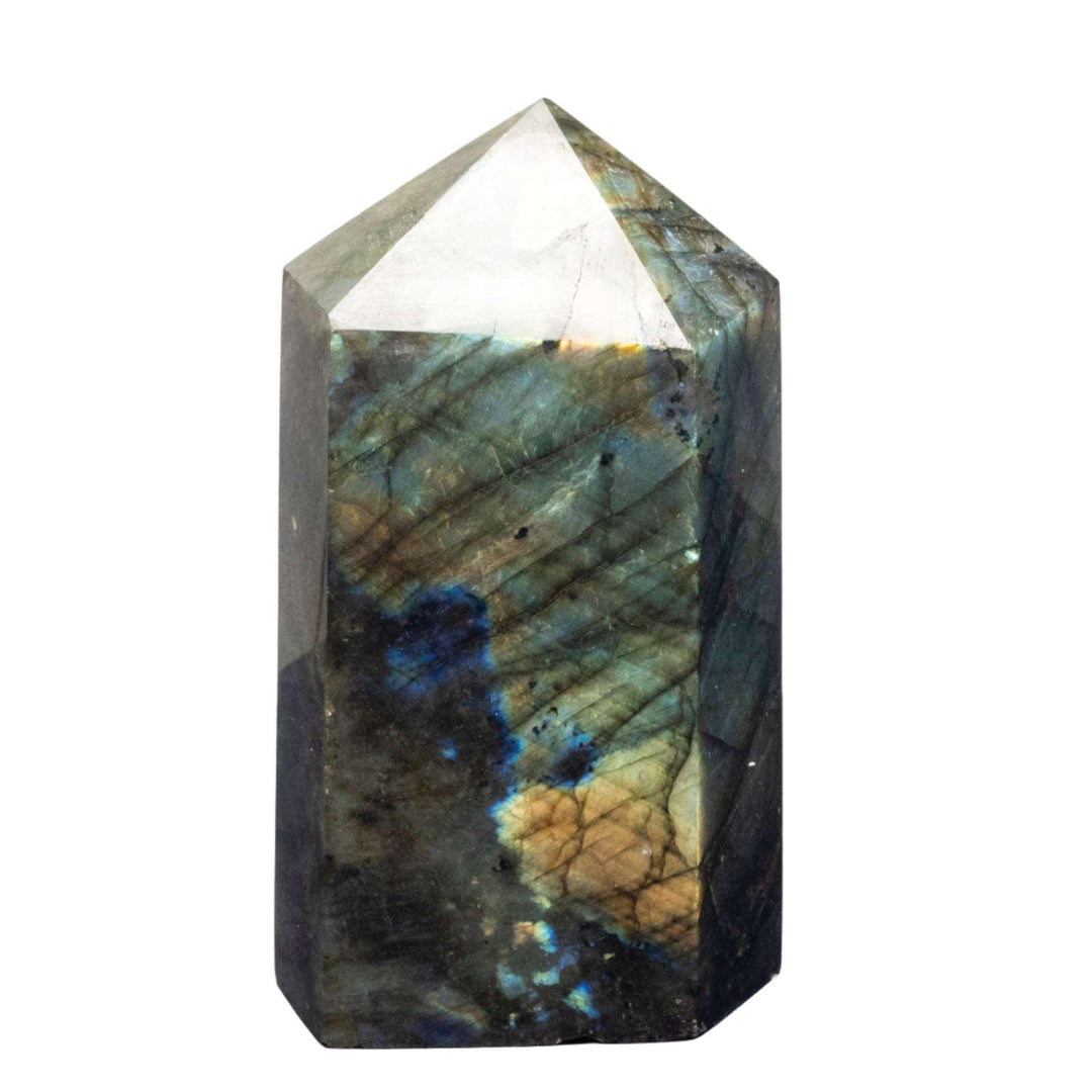 Labradorite "Squatty" Tower with iridescent blue-green flash, showcasing its dramatic labradorescence.