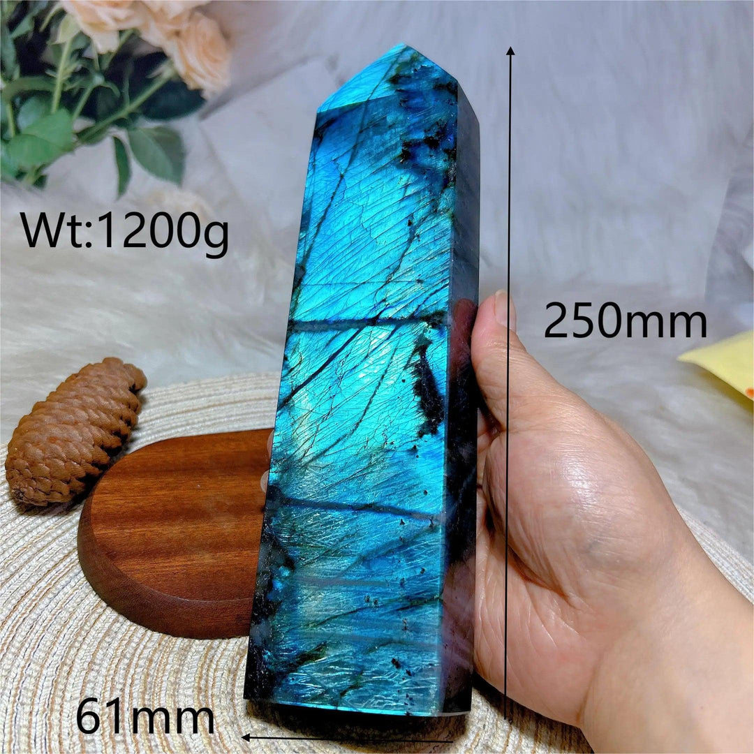 Large labradorite crystal tower with vivid blue-green labradorescence, polished two faces, 250mm tall.