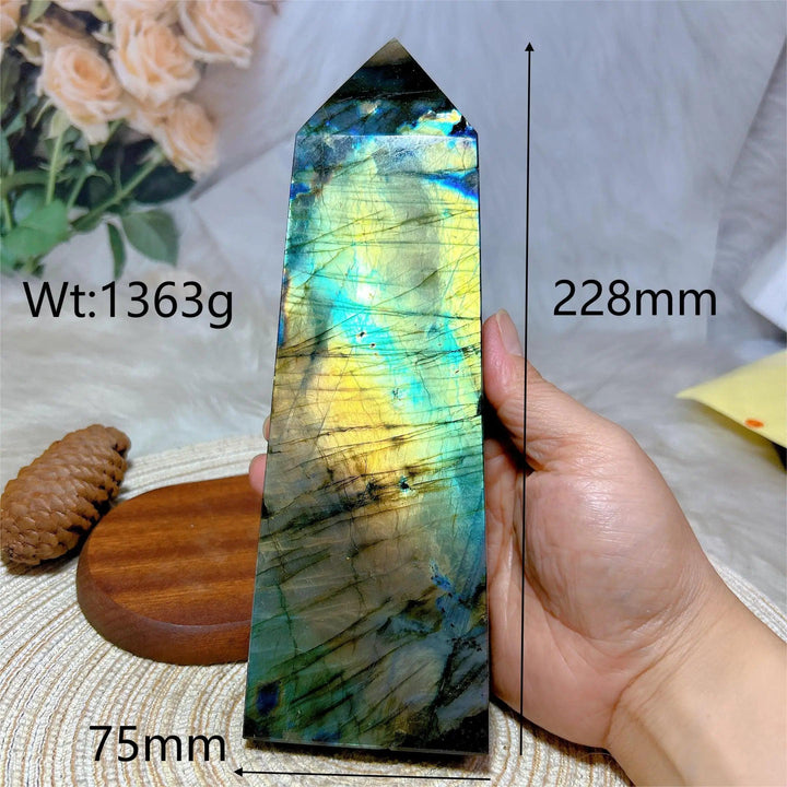 Polished Labradorite crystal tower, 228mm tall, with vibrant blue, teal, and gold labradorescence.