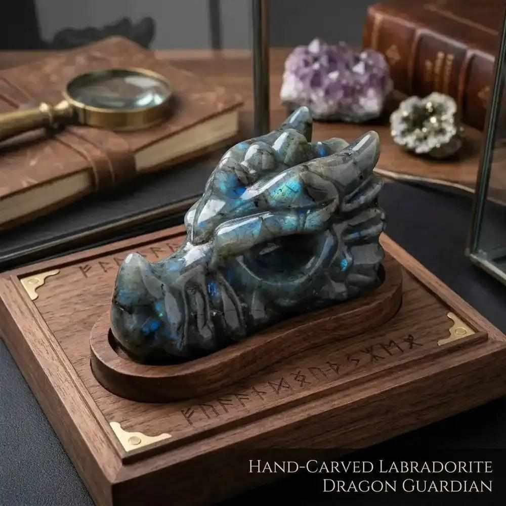 Hand-carved labradorite dragon skull statue with iridescent blue flash, perfect for intuition and energy protection.