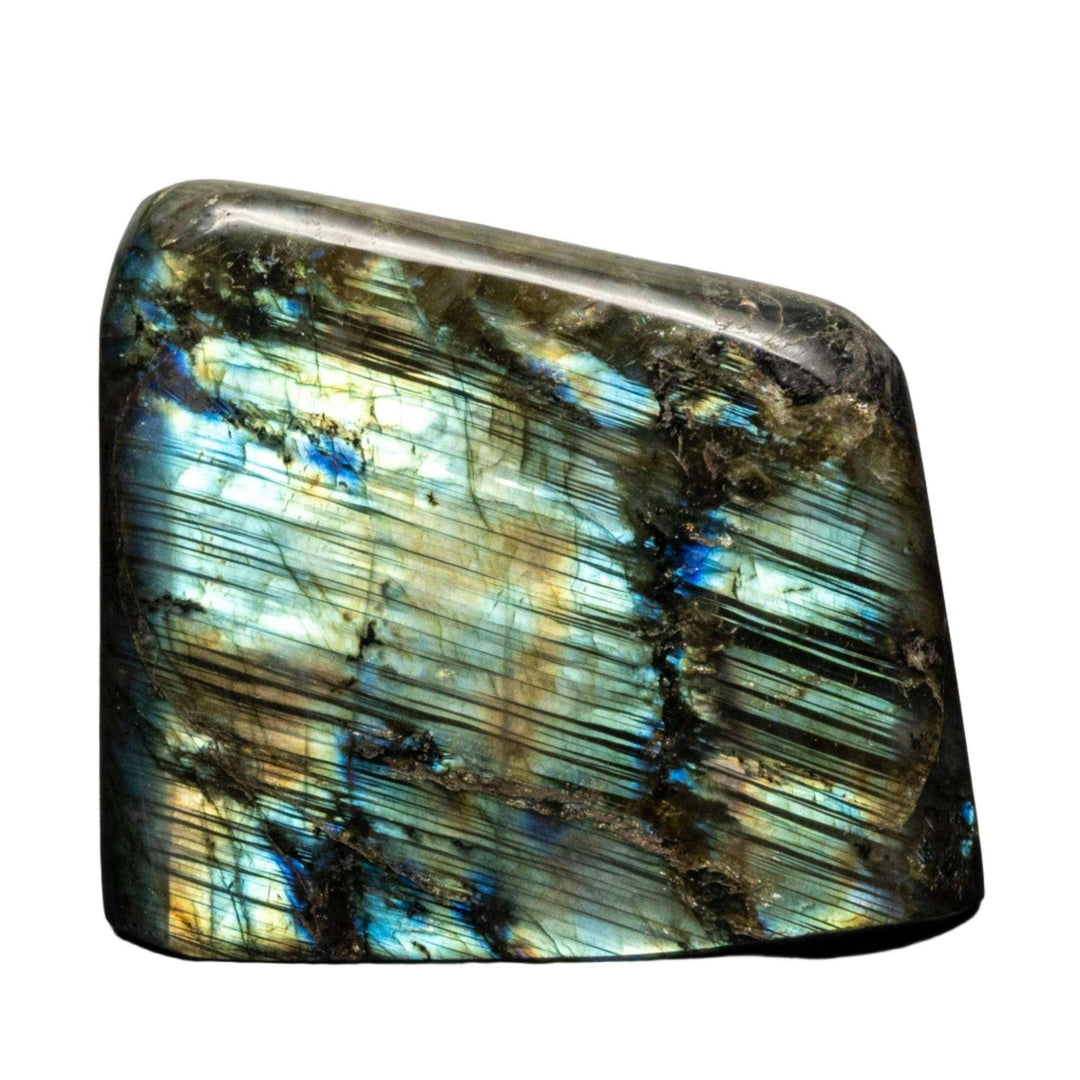 Labradorite freeform crystal from Crystal Destiny, showing iridescent blue, green, and gold flash.