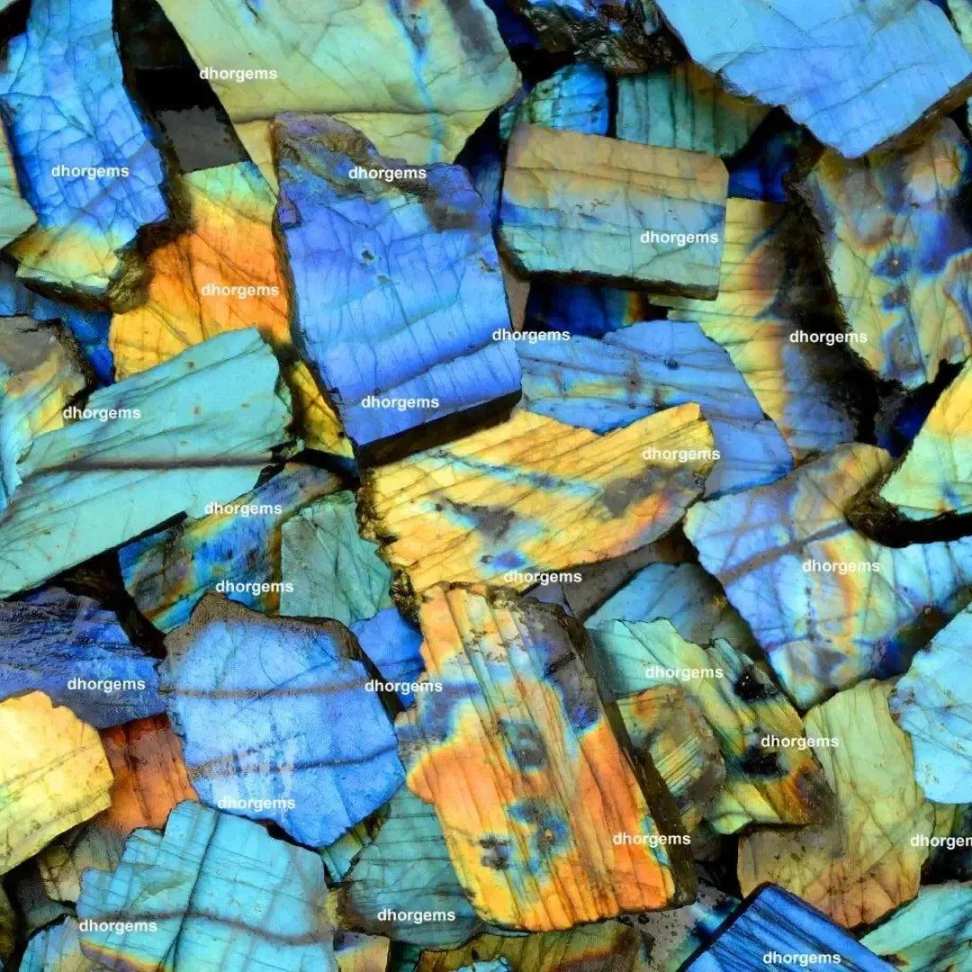 Natural Labradorite multi-fire slab pieces from Crystal Destiny, showcasing vibrant blue, gold, and green labradorescence.