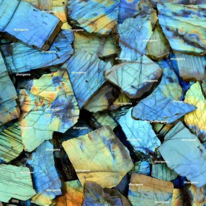 Crystal Destiny's raw labradorite slabs, showcasing vibrant blue, gold, and green labradorescence.