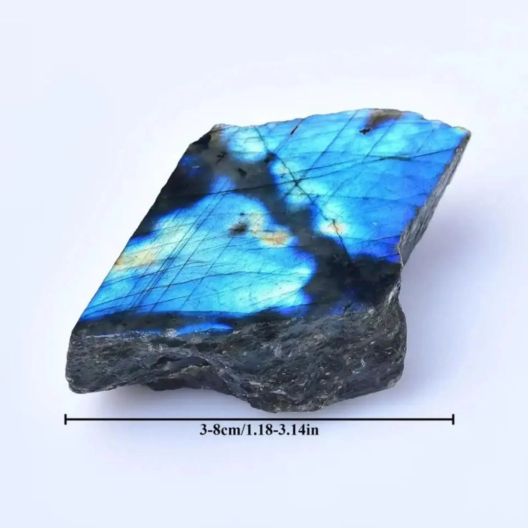 Natural rough Labradorite slice with vibrant blue iridescence, perfect for Feng Shui decor and healing crystal energy.