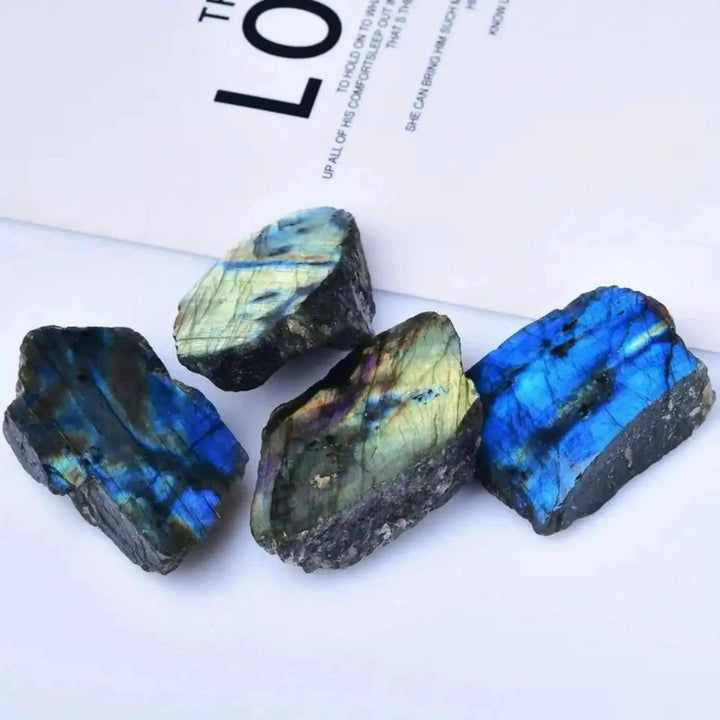 Natural rough Labradorite slices with vibrant blue iridescent flashes, perfect for Feng Shui and crystal healing decor.