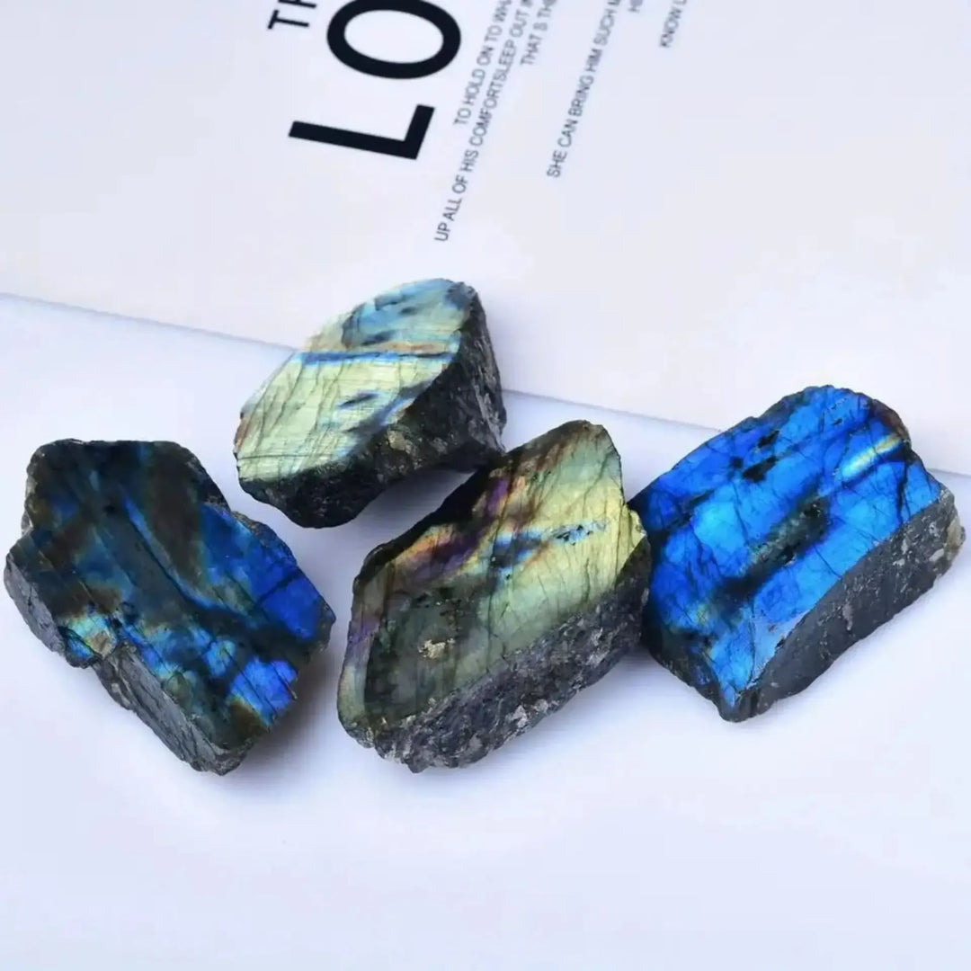Natural rough Labradorite slices with vibrant blue iridescent flashes, perfect for Feng Shui and crystal healing decor.