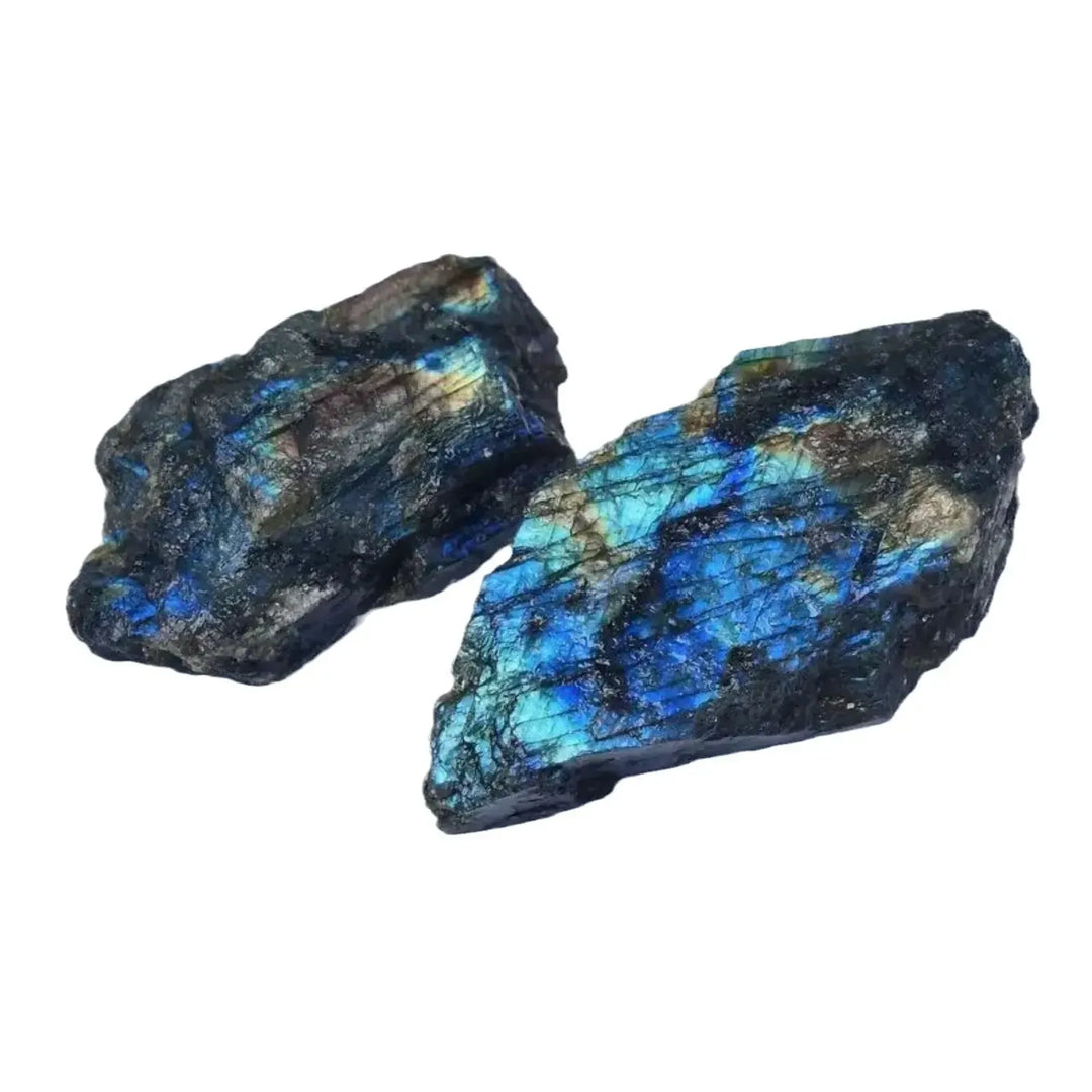 Natural rough Labradorite stone slices with vibrant blue flashes, perfect for Feng Shui decor and healing energy.