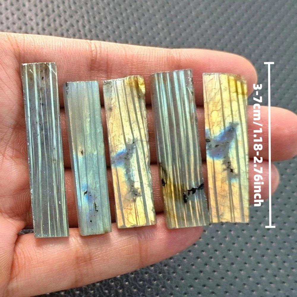 Raw labradorite crystal sticks with vivid blue and gold spectral flashes, perfect for jewelry and Third Eye chakra work.