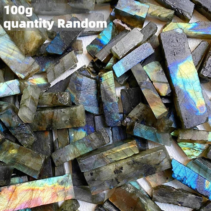 Raw labradorite crystal sticks featuring vibrant blue, gold, and green spectral flashes for chakra healing and jewelry.