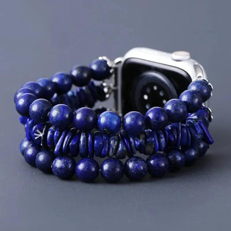 Lapis Lazuli Apple iWatch Band with deep blue beads and chips, promoting wisdom and intuition.