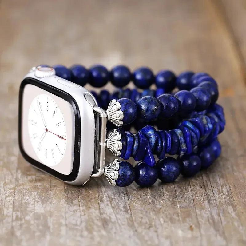 Lapis Lazuli Apple iWatch Band with deep blue beads and silver accents, enhancing wisdom and intuition.
