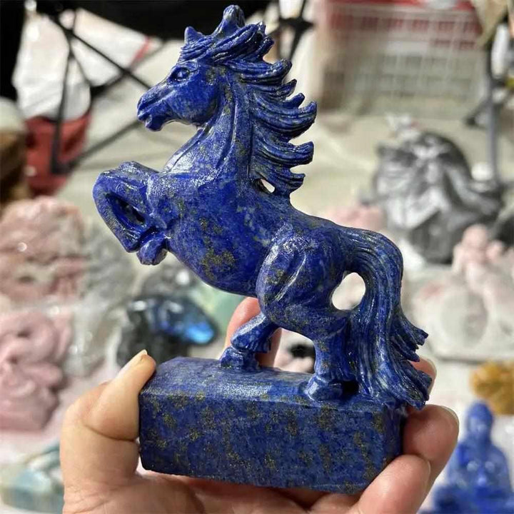 Hand-carved Lapis Lazuli unicorn crystal statue, a deep blue healing stone figurine perfect for Fengshui home decor.