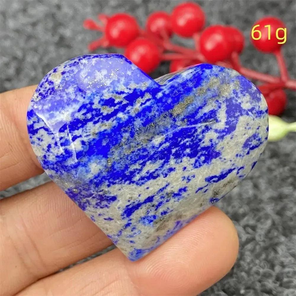 Hand-polished Lapis Lazuli Crystal Heart, deep royal blue with golden pyrite, enhancing intuition and truth.