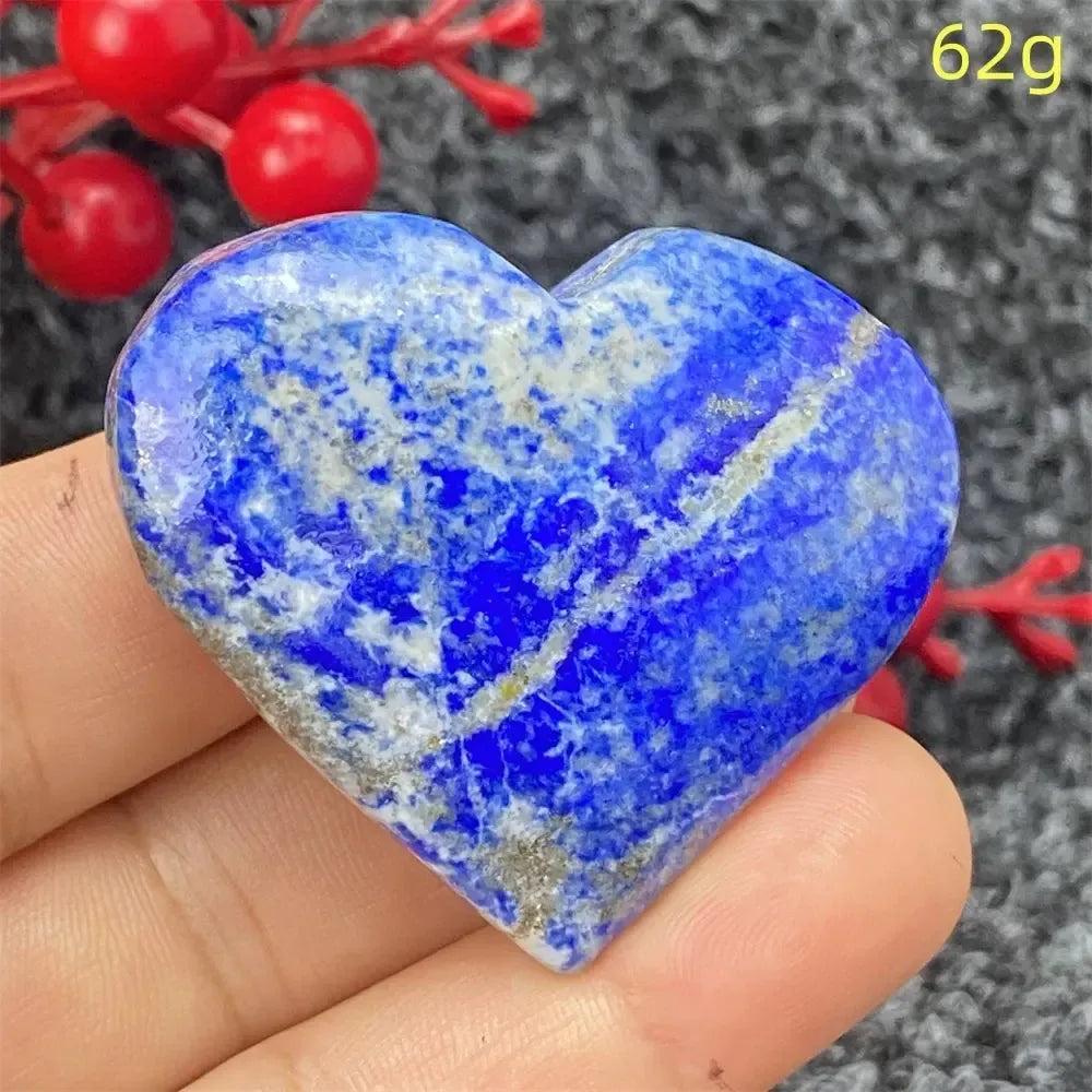 Hand-polished Lapis Lazuli Crystal Heart, deep royal blue with golden pyrite flecks, enhancing intuition and truth.