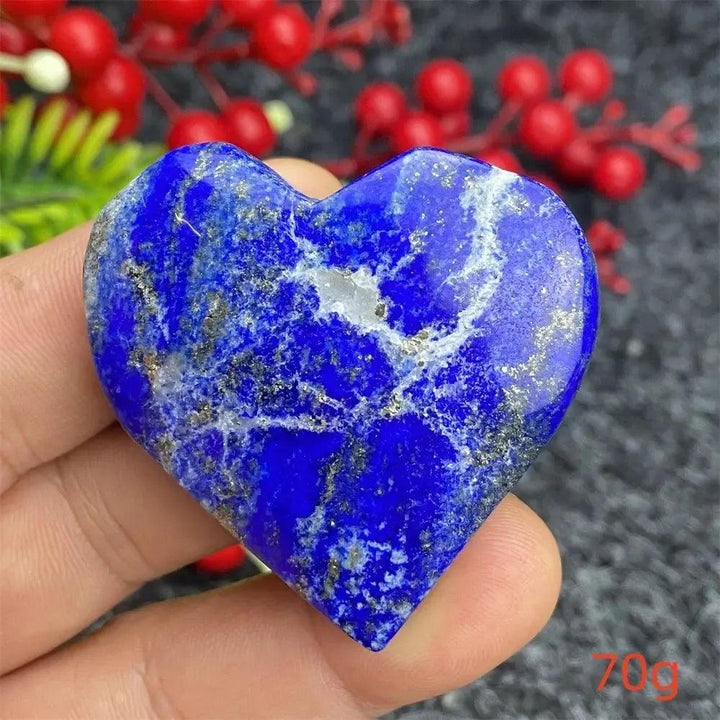 Lapis Lazuli Crystal Heart: Deep royal blue, hand-polished heart with golden pyrite flecks, radiating ancient wisdom.